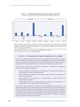 1. El contrato social en América Latina y el Caribe: situación y desafíos
58 PERSPECTIVAS ECONÓMICAS DE AMÉRICA LATINA 2018: © OCDE/NACIONES UNIDAS/CAF 2018
Gráfico 1.8. Posición fiscal neta de la clase media, circa 2010
Cambio en el ingreso final con respecto al ingreso de mercado, porcentaje
-20%
-10%
0%
10%
20%
30%
40%
50%
60%
Bolivia Brasil Colombia Costa Rica El Salvador Guatemala México Perú Uruguay
Vulnerable Consolidada
Notas: Se considera “vulnerables”, a aquellos con un ingreso diario de entre 4 y 10 dólares USD; “clase media
consolidada”, a aquellos con un ingreso diario de entre 10 y 50 dólares USD. Dólares estadounidenses de 2005
medidos en PPA. PPA = paridad de poder adquisitivo. Esto incluye: Brasil, Colombia, Costa Rica, El Salvador,
Guatemala, México, Perú y Uruguay.
Fuente: OCDE/CAF/CEPAL con base en Daude, Lustig, Melguizo y Perea (2017), “Fiscal policy and the emerging
middle class in Latin America, an analysis based on the Commitment to Equity.”
12 http://dx.doi.org/10.1787/888933663604
Recuadro 1.2. El Commitment to Equity (Compromiso con la equidad)
El Instituto Commitment to Equity (CEQ) de la Universidad de Tulane analiza el impacto
de los impuestos y los gastos sociales sobre la desigualdad y la pobreza en los países,
y ofrece una hoja de ruta a gobiernos, instituciones multilaterales y organizaciones no
gubernamentales (ONG) para construir sociedades más equitativas (Lustig, 2017b).
El CEQ realiza estudios sobre incidencia de beneficios e impuestos que aspiran a
responder a las siguientes preguntas:
1.	¿Hasta qué punto la redistribución de los ingresos y la reducción de la pobreza se
están logrando a través de la política fiscal?
2.	¿Hasta qué punto los impuestos especiales y el gasto público son igualitarios y
favorecen a los pobres?
3.	¿Cuán efectivos son los impuestos y el gasto público a la hora de reducir la
desigualdad y la pobreza?
4.	¿Qué impacto tienen las reformas fiscales que cambian la magnitud y/o la
progresividad de un impuesto o beneficio específico?
Para abordar estas cuestiones y medir los efectos redistributivos y el impacto en la
pobreza de los impuestos y los beneficios sociales, el CEQ realiza un análisis de incidencia
fiscal que consiste en asignar impuestos (impuesto sobre la renta de las personas físicas
e impuestos sobre el consumo concretamente) y gasto público (gasto social y subsidios
al consumo concretamente) a hogares o individuos. Esto permite comparar los ingresos
antes y después de impuestos y transferencias (Lustig, 2017b). El Gráfico 1.9 resume la
construcción de estos conceptos de ingresos.
 