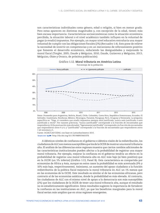 1. El contrato social en América Latina y el Caribe: situación y desafíos
63
PERSPECTIVAS ECONÓMICAS DE AMÉRICA LATINA 2018 © OCDE/NACIONES UNIDAS/CAF 2018
son características individuales como género, edad o religión, si bien en menor grado.
Pero estas aparecen en distintas magnitudes y, con excepción de la edad, tienen más
bien escasa importancia. Características socioeconómicas como la situación económica
percibida, la situación laboral o el nivel académico también influyen en la voluntad de
pagar (o evadir) impuestos. Por ejemplo, un mayor nivel educativo entrañaría una mayor
voluntad de cumplir con las obligaciones fiscales (2%) (Recuadro 1.4). Esto pone de relieve
la necesidad de invertir en competencias y en un mecanismo de reforzamiento positivo
que fomente el desarrollo económico, reduciendo las desigualdades y mejorando la
moral fiscal (Torgler, 2005; Daude y Melguizo, 2010; Daude, Gutierrez y Melguizo, 2013;
Melguizo, Olate y Orozco, de próxima publicación).
Gráfico 1.12. Moral tributaria en América Latina
Porcentaje de la población
0%
10%
20%
30%
40%
50%
60%
2008 2009 2010 2011 2013 2015
Nunca justificable Ligeramente justificable Justificable
Notas: Promedio para Argentina, Bolivia, Brasil, Chile, Colombia, Costa Rica, República Dominicana, Ecuador, El
Salvador, Guatemala, Honduras, México, Nicaragua, Panamá, Paraguay, Perú, Uruguay y Venezuela. La pregunta
específica es: “Diga, si considera que evadir impuestos siempre está justificado, nunca está justificado o está
justificado a veces”. Por razones prácticas, “nunca justificable” corresponde a la fracción de encuestados que
respondieron 10 (la puntuación más elevada); “ligeramente justificable” corresponde a la fracción de encuestados
que respondieron entre 9 y 6; y “justificable” corresponde a la fracción de encuestados que respondieron entre
1 (el mínimo) y 5.
Fuente: OCDE/CAF/CEPAL con base en Latinobarómetro 2015.
12 http://dx.doi.org/10.1787/888933663376
A idénticos niveles de confianza en el gobierno e idéntica visión de la redistribución, los
ciudadanosdeALCsonmenossusceptiblesquelosdelaOCDEdemostrarunamoraltributaria
alta. El análisis de las diferencias entre regiones muestra que ciertos cambios adicionales de
las características institucionales pueden afectar a la probabilidad de registrar una mayor
moral tributaria. Por ejemplo, mejorar la confianza en el gobierno tendría un efecto en la
probabilidad de registrar una moral tributaria alta en ALC más bajo (si bien positivo) que
en la OCDE (un 5% inferior) (Gráfico 1.13, Panel B). Esta característica es compartida por
economías de África y Asia, aunque en estos casos la probabilidad es más acentuada (9% y
10% más baja, respectivamente). Asimismo, un aumento del apoyo ciudadano a la función
redistributiva de la política fiscal mejoraría la moral tributaria en ALC un 1% menos que
en las economías de la OCDE. Este resultado es similar al de las economías africanas, pero
contrario al de las economías asiáticas, donde la probabilidad es más elevada. Al contrario,
los ciudadanos de ALC con el mismo nivel de apoyo a la democracia son más susceptibles
(2%) que los ciudadanos de la OCDE de tener una moral tributaria alta, aunque el resultado
no es estadísticamente significativo. Estos resultados sugieren la importancia de fortalecer
la confianza en las instituciones en ALC, ya que los beneficios marginales para la moral
fiscal serían más amplios que en otras regiones emergentes.
 