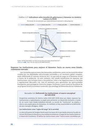 1. El contrato social en América Latina y el Caribe: situación y desafíos
70 PERSPECTIVAS ECONÓMICAS DE AMÉRICA LATINA 2018: © OCDE/NACIONES UNIDAS/CAF 2018
Gráfico 1.17. Indicadores seleccionados de gobernanza y bienestar en América
Latina y la OCDE
Porcentaje de encuestados que responden positivamente a cada pregunta
0%
10%
20%
30%
40%
50%
60%
70%
80%
Confianza en la honestidad de las elecciones
Opinión expresada ante un oficial
Ausencia de corrupción en el gobierno
Satisfacción con el sistema educativo
Satisfacción con la calidad del sistema de
salud
Confianza en el sistema judicial
Confianza en la policía local
Confianza en el gobierno nacional
Sensación de seguridad al caminar solo
América Latina 2016 América Latina 2012 América Latina 2006 OCDE 2016
Fuente: OCDE/CAF/CEPAL con base en los datos de Gallup World Poll 2017.
12 http://dx.doi.org/10.1787/888933663395
Repensar las instituciones para mejorar el bienestar: hacia un nuevo nexo Estado-
ciudadanos-mercado
Las crecientes aspiraciones y las demandas cambiantes, junto con las incertidumbres
creadas por las debilidades estructurales nacionales y un escenario global complejo,
están debilitando el contrato social en ALC. Lo que está en juego es el bienestar actual
y futuro de la población. En este contexto, ALC puede beneficiarse de repensar sus
instituciones, que incluyen tanto a las políticas, como a las organizaciones y a las leyes
y regulaciones (Recuadro 1.6). Esto es necesario para aprovechar las oportunidades
emergentes, para protegerse contra los riesgos crecientes, y para construir los pilares de
un progreso social y económico sostenido, que satisfaga las demandas de los ciudadanos.
Recuadro 1.6. Definiendo las instituciones: el marco conceptual
del LEO 2018
Perspectivas económicas de América Latina 2018 (LEO 2018) tiene por objeto repensar las
instituciones y replanteaerse su papel para promover un desarrollo inclusivo a través
de un nuevo nexo Estado-ciudadanos-mercado. La noción de “institución” es amplia y
abarca una amplia gama de elementos. En realidad, no hay unanimidad en la definición
de este concepto (Hodgson, 2006).
Las instituciones como “reglas del juego” de la sociedad
La obra influyente de Douglas North sentó las bases de lo que desde entonces ha sido un
terreno fértil para la literatura y los análisis económicos: el papel de las instituciones en
el desarrollo económico. Él define las instituciones como “restricciones concebidas por
 