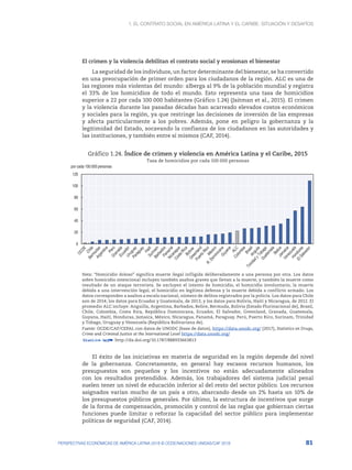 1. El contrato social en América Latina y el Caribe: situación y desafíos
81
PERSPECTIVAS ECONÓMICAS DE AMÉRICA LATINA 2018 © OCDE/NACIONES UNIDAS/CAF 2018
El crimen y la violencia debilitan el contrato social y erosionan el bienestar
La seguridad de los individuos, un factor determinante del bienestar, se ha convertido
en una preocupación de primer orden para los ciudadanos de la región. ALC es una de
las regiones más violentas del mundo: alberga al 9% de la población mundial y registra
el 33% de los homicidios de todo el mundo. Esto representa una tasa de homicidios
superior a 22 por cada 100 000 habitantes (Gráfico 1.24) (Jaitman et al., 2015). El crimen
y la violencia durante las pasadas décadas han acarreado elevados costos económicos
y sociales para la región, ya que restringe las decisiones de inversión de las empresas
y afecta particularmente a los pobres. Además, pone en peligro la gobernanza y la
legitimidad del Estado, socavando la confianza de los ciudadanos en las autoridades y
las instituciones, y también entre sí mismos (CAF, 2014).
Gráfico 1.24. Índice de crimen y violencia en América Latina y el Caribe, 2015
Tasa de homicidios por cada 100 000 personas
0
20
40
60
80
100
120
por cada 100 000 personas
Nota: “Homicidio doloso” significa muerte ilegal infligida deliberadamente a una persona por otra. Los datos
sobre homicidio intencional incluyen también asaltos graves que llevan a la muerte, y también la muerte como
resultado de un ataque terrorista. Se excluyen el intento de homicidio, el homicidio involuntario, la muerte
debida a una intervención legal, el homicidio en legítima defensa y la muerte debida a conflicto armado. Los
datos corresponden a asaltos a escala nacional, número de delitos registrados por la policía. Los datos para Chile
son de 2014; los datos para Ecuador y Guatemala, de 2013; y los datos para Bolivia, Haití y Nicaragua, de 2012. El
promedio ALC incluye: Anguilla, Argentina, Barbados, Belice, Bermuda, Bolivia (Estado Plurinacional de), Brasil,
Chile, Colombia, Costa Rica, República Dominicana, Ecuador, El Salvador, Greenland, Granada, Guatemala,
Guyana, Haití, Honduras, Jamaica, México, Nicaragua, Panamá, Paraguay, Perú, Puerto Rico, Surinam, Trinidad
y Tobago, Uruguay y Venezuela (República Bolivariana de).
Fuente: OCDE/CAF/CEPAL con datos de UNODC (base de datos), https://data.unodc.org/ (2017), Statistics on Drugs,
Crime and Criminal Justice at the International Level https://data.unodc.org/
12 http://dx.doi.org/10.1787/888933663813
El éxito de las iniciativas en materia de seguridad en la región depende del nivel
de la gobernanza. Concretamente, en general hay escasos recursos humanos, los
presupuestos son pequeños y los incentivos no están adecuadamente alineados
con los resultados pretendidos. Además, los trabajadores del sistema judicial penal
suelen tener un nivel de educación inferior al del resto del sector público. Los recursos
asignados varían mucho de un país a otro, abarcando desde un 2% hasta un 10% de
los presupuestos públicos generales. Por último, la estructura de incentivos que surge
de la forma de compensación, promoción y control de las reglas que gobiernan ciertas
funciones puede limitar o reforzar la capacidad del sector público para implementar
políticas de seguridad (CAF, 2014).
 
