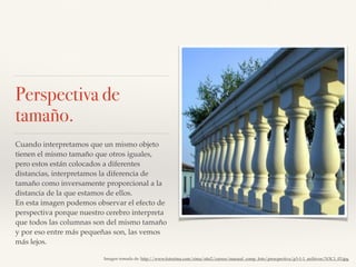 Perspectiva de
tamaño.
Cuando interpretamos que un mismo objeto
tienen el mismo tamaño que otros iguales,
pero estos están colocados a diferentes
distancias, interpretamos la diferencia de
tamaño como inversamente proporcional a la
distancia de la que estamos de ellos.
En esta imagen podemos observar el efecto de
perspectiva porque nuestro cerebro interpreta
que todos las columnas son del mismo tamaño
y por eso entre más pequeñas son, las vemos
más lejos.
Imagen tomada de: http://www.fotorima.com/rima/site2/cursos/manual_comp_foto/prescpectiva/p3-1-1_archivos/N3C1_03.jpg
 