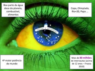 Boa parte da água

              brasileiros
  doce do planeta,
    combustível,
     alimentos
                                                                                         Copa, Olimpíada,
                                                                                          Rio+20, Papa ...




                                                                                         Mais de 80 milhões
4ª maior potência                                                                        de internautas (acima
    do mundo                                                                              de 12 anos – Fnazca
                                                                                                 2010)
         Planejamento Estratégico de Comunicação Digital | Secom | Nov 2010, Bsb | eu@ninocarvalho.com.br
 