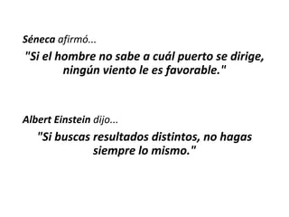 Séneca afirmó...
"Si el hombre no sabe a cuál puerto se dirige,
ningún viento le es favorable."
Albert Einstein dijo...
"Si buscas resultados distintos, no hagas
siempre lo mismo."
 