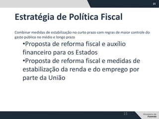 15
Estratégia de Política Fiscal
15
Combinar medidas de estabilização no curto prazo com regras de maior controle do
gasto público no médio e longo prazo
•Proposta de reforma fiscal e auxílio
financeiro para os Estados
•Proposta de reforma fiscal e medidas de
estabilização da renda e do emprego por
parte da União
 