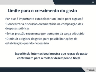 19
Por que é importante estabelecer um limite para o gasto?
•Concentrar a discussão orçamentária na composição das
despesas públicas
•Evitar pressão recorrente por aumento da carga tributária
•Diminuir a rigidez do gasto para possibilitar ações de
estabilização quando necessário
Experiência internacional mostra que regras de gasto
contribuem para o melhor desempenho fiscal
Limite para o crescimento do gasto
 