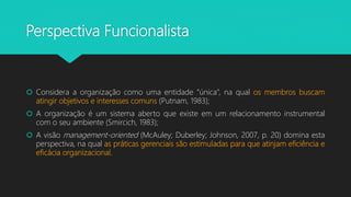 Perspectiva Funcionalista
 Considera a organização como uma entidade “única”, na qual os membros buscam
atingir objetivos e interesses comuns (Putnam, 1983);
 A organização é um sistema aberto que existe em um relacionamento instrumental
com o seu ambiente (Smircich, 1983);
 A visão management-oriented (McAuley; Duberley; Johnson, 2007, p. 20) domina esta
perspectiva, na qual as práticas gerenciais são estimuladas para que atinjam eficiência e
eficácia organizacional.
 