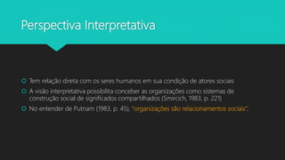 Perspectiva Interpretativa
 Tem relação direta com os seres humanos em sua condição de atores sociais
 A visão interpretativa possibilita conceber as organizações como sistemas de
construção social de significados compartilhados (Smircich, 1983, p. 221)
 No entender de Putnam (1983, p. 45), “organizações são relacionamentos sociais”.
 