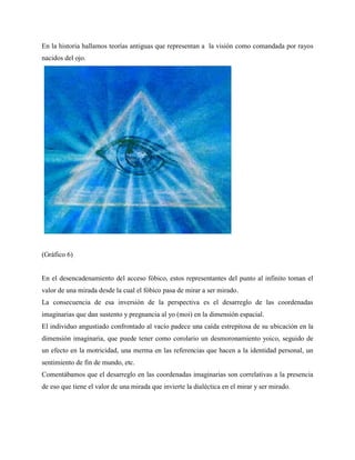 En la historia hallamos teorías antiguas que representan a la visión como comandada por rayos
nacidos del ojo.
(Gráfico 6)
En el desencadenamiento del acceso fóbico, estos representantes del punto al infinito toman el
valor de una mirada desde la cual el fóbico pasa de mirar a ser mirado.
La consecuencia de esa inversión de la perspectiva es el desarreglo de las coordenadas
imaginarias que dan sustento y pregnancia al yo (moi) en la dimensión espacial.
El individuo angustiado confrontado al vacío padece una caída estrepitosa de su ubicación en la
dimensión imaginaria, que puede tener como corolario un desmoronamiento yoico, seguido de
un efecto en la motricidad, una merma en las referencias que hacen a la identidad personal, un
sentimiento de fin de mundo, etc.
Comentábamos que el desarreglo en las coordenadas imaginarias son correlativas a la presencia
de eso que tiene el valor de una mirada que invierte la dialéctica en el mirar y ser mirado.
 