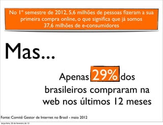 No 1º semestre de 2012, 5,6 milhões de pessoas ﬁzeram a sua
             primeira compra online, o que signiﬁca que já somos
                       37,6 milhões de e-consumidores




   Mas...
                                        Apenas 29% dos
                                     brasileiros compraram na
                                     web nos últimos 12 meses
Fonte: Comitê Gestor de Internet no Brasil - maio 2012
terça-feira, 26 de fevereiro de 13
 