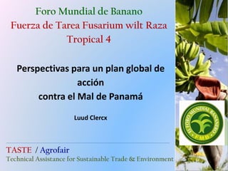 Perspectivas para un plan global de
acción
contra el Mal de Panamá
Luud Clercx
Foro Mundial de Banano
Fuerza de Tarea Fusarium wilt Raza
Tropical 4
TASTE / Agrofair
Technical Assistance for Sustainable Trade & Environment
 