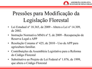 Pressões para Modificação da
Legislação Florestal
• Lei Estadual nº 18.365, de 2009 - Altera a Lei nº 14.309,
de 2002.
• Instrução Normativa MMA nº 5, de 2009 - Recuperação de
Reserva Legal e APP
• Resolução Conama nº 425, de 2010 - Uso de APP para
agricultura familiar.
• Contribuições da Assembleia Legislativa para a Reforma
do Código Florestal
• Substitutivo ao Projeto de Lei Federal nº 1.876, de 1999,
que altera o Código Florestal
 