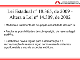 Lei Estadual nº 18.365, de 2009 -
Altera a Lei nº 14.309, de 2002
• Modifica o tratamento da ocupação consolidada das APPs.
• Amplia as possibilidades de sobreposição de reserva legal
e APPs.
• Estabelece novas regras para a demarcação e a
recomposição de reserva legal, como o uso de sistemas
agroflorestais e uso de espécies exóticas.
 