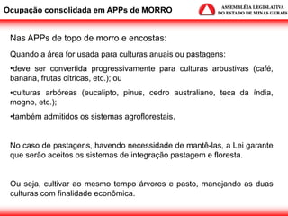 Nas APPs de topo de morro e encostas:
Quando a área for usada para culturas anuais ou pastagens:
•deve ser convertida progressivamente para culturas arbustivas (café,
banana, frutas cítricas, etc.); ou
•culturas arbóreas (eucalipto, pinus, cedro australiano, teca da índia,
mogno, etc.);
•também admitidos os sistemas agroflorestais.
No caso de pastagens, havendo necessidade de mantê-las, a Lei garante
que serão aceitos os sistemas de integração pastagem e floresta.
Ou seja, cultivar ao mesmo tempo árvores e pasto, manejando as duas
culturas com finalidade econômica.
Ocupação consolidada em APPs de MORRO
 