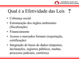 Qual é a Efetividade das Leis
• Cobrança social
• Estruturação dos órgãos ambientais
(fiscalização)
• Financiamento
• Acesso a mercados formais (exportação,
certificação)
• Integração de bases de dados (impostos,
declarações, registros públicos, multas,
processos judiciais, cartórios)
?
 