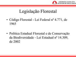 Legislação Florestal
• Código Florestal - Lei Federal nº 4.771, de
1965
• Política Estadual Florestal e de Conservação
da Biodiversidade - Lei Estadual nº 14.309,
de 2002
 