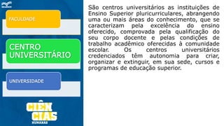 São centros universitários as instituições de
Ensino Superior pluricurriculares, abrangendo
uma ou mais áreas do conhecimento, que se
caracterizam pela excelência do ensino
oferecido, comprovada pela qualificação do
seu corpo docente e pelas condições de
trabalho acadêmico oferecidas à comunidade
escolar. Os centros universitários
credenciados têm autonomia para criar,
organizar e extinguir, em sua sede, cursos e
programas de educação superior.
FACULDADE
CENTRO
UNIVERSITÁRIO
UNIVERSIDADE
 
