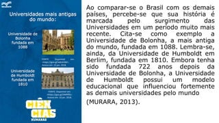 Universidades mais antigas
do mundo:
Ao comparar-se o Brasil com os demais
países, percebe-se que sua história é
marcada pelo surgimento das
Universidades em um período muito mais
recente. Cita-se como exemplo a
Universidade de Bolonha, a mais antiga
do mundo, fundada em 1088. Lembra-se,
ainda, da Universidade de Humboldt em
Berlim, fundada em 1810. Embora tenha
sido fundada 722 anos depois da
Universidade de Bolonha, a Universidade
de Humboldt possui um modelo
educacional que influenciou fortemente
as demais universidades pelo mundo
(MURARA, 2013).
Universidade
de Humboldt
fundada em
1810
FONTE: Disponível em:
<https://goo.gl/DMRf9S>.
Acesso em: 10 jan. 2018.
Universidade de
Bolonha
fundada em
1088
FONTE: Disponível em:
<https://goo.gl/w6UkGM>.
Acesso em: 10 jan. 2018.
 