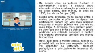 FONTE: Disponível em: <https://goo.gl/QWFB73>.
Acesso em: 10 jan. 2018.
• De acordo com os autores Durham e
Schwartzman (1989), a disputa entre
educação pública e educação privada existe
no Brasil desde, pelo menos, os anos de
1930, trazida da Europa. (LD)
• Existia uma diferença muito grande entre o
ensino particular e público na época. As
particulares tinham um viés mais religioso
enquanto a escola pública era um ensino
mais leigo. A diferença mais gritante pode-
se dizer que era a briga de classes. A escola
particular era elitizada enquanto a pública
era gratuita atendendo também aos menos
favorecidos
• Hoje, qual seria a melhor escola, pública ou
privada? Não se tem uma resposta definida
vai depender da estrutura, proposta
pedagógica e principalmente interesse do
aluno.
 