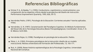 Referencias Bibliográficas
▪ Ertmer, P. A., & Newby, T. J. (1993). Conductismo, cognitivismo y constructivismo: una
comparación de los aspectos críticos desde la perspectiva del diseño de instrucción.
Performance Improvement Quarterly, 1993, 6(4), 50-72.
▪ Hernández Pedro. (1991). Psicología de la Educación: Corrientes actuales Y teorías aplicadas.
Trillas.
▪ Hernández, G. R. (1997). Caracterización del Paradigma Cognitivo. En Módulo Fundamentos
del Desarrollo de la Tecnología Educativa (Bases Psicopedagógicas). Coordinador: Arceo, F. D.
B. México: ILCE-OEA.
▪ Hernández Rojas, G. (1998). Paradigmas en psicología de la educación. Paidos.
▪ Pérez, L. A. (1992). Principios psicológicos de la instrucción: diseño de un modelo
instruccional. Revista universitaria de Formación del Profesorado, 13, 165-171.
▪ Ruiz, A. (2009). Bases histórico-epistemológicas de la Psicología Cognitiva. Universidad
Nacional del Comahue.
 