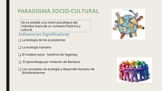 PARADIGMA SOCIO-CULTURAL
No es posible una visión psicológica del
individuo fuera de un contexto histórico y
cultural.
Influencias Significativas
❑ La biología de los ecosistemas
❑ La ecología humana
❑ El modelo socio - histórico de Vygotsky
❑ El aprendizaje por imitación de Bandura
❑ Los conceptos de ecología y desarrollo humano de
Bronfenbrenner
 