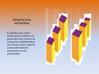 Perspectiva trimétricaEs una proyección axonométrica para representar volúmenes, en la cual el objeto tridimensional se encuentra inclinado con respecto al «plano del cuadro» de forma que sus tres ejes principales experimentan reducciones diferentes.