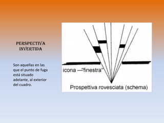 Perspectiva  invertidaSon aquellas en las que el punto de fuga está situado adelante, al exterior del cuadro.