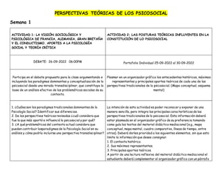 PERSPECTIVAS TEÓRICAS DE LOS PSICOSOCIAL
Semana 1
ACTIVIDAD 1: LA VISIÓN SOCIOLÓGICA Y
PSICOLÓGICA DE FRANCIA, ALEMANIA, GRAN BRETAÑA
Y EL CONDUCTISMO. APORTES A LA PSICOLOGÍA
SOCIAL Y TEORÍA CRÍTICA
ACTIVIDAD 2: LAS POSTURAS TEÓRICAS INFLUYENTES EN LA
CONSTITUCIÓN DE LO PSICOSOCIAL
DEBATE: 26-09-2022 06:00PM Portafolio Individual 25-09-2022 al 30-09-2022
Participa en el debate propuesto para la clase argumentando e
incluyendo los paradigmas dominantes y conceptualización de lo
psicosocial desde una mirada transdisciplinar, que constituya la
base de un análisis efectivo de las problemáticas sociales de su
contexto.
Plasmar en un organizador gráfico los antecedentes históricos, máximos
representantes y principales aportes teóricos de cada una de las
perspectivas tradicionales de lo psicosocial. (Mapa conceptual, esquema
mental)
1. ¿Cuáles son los paradigmas tradicionales dominantes de la
Psicología Social? Identificar sus diferencias.
2. De las perspectivas teóricas revisadas ¿cuál considera que
fue la que más aportó e influenció lo psicosocial y por qué?
3. ¿A qué problemáticas del contexto actual considera que
pueden contribuir losparadigmas de la Psicología Social en su
análisis y cómo podría incluirse una perspectiva transdisciplinar?
La intención de esta actividad es poder reconocer y exponer de una
manera sencilla, pero integra las principales características de las
perspectivas tradicionales de lo psicosocial. Esta información deberá
estar plasmada en el organizador gráfico de su preferencia tomando
como guía los textos del material didáctico mediacional (e.g., mapa
conceptual, mapa mental, cuadro comparativo, líneas de tiempo, entre
otros). Deberá darles prioridad a los siguientes elementos, sin que esto
limite la información que desee consignar.
1. El contexto histórico.
2. Sus máximos representantes.
3. Principales aportes teóricos.
A partir de una lectura reflexiva del material didáctico mediacional el
estudiante deberá complementar el organizador gráfico con un párrafo
 