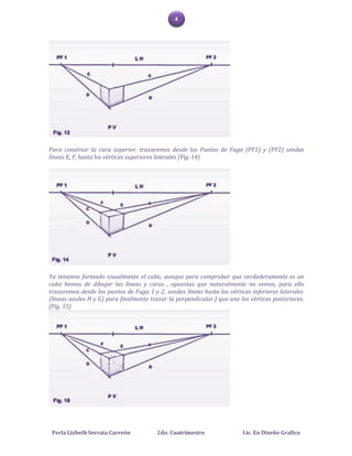 4




Para construir la cara superior, trazaremos desde los Puntos de Fuga (PF1) y (PF2) sendas
líneas E, F, hasta los vértices superiores laterales (Fig. 14)




Ya tenemos formado visualmente el cubo, aunque para comprobar que verdaderamente es un
cubo hemos de dibujar las líneas y caras , opuestas que naturalmente no vemos, para ello
trazaremos desde los puntos de Fuga 1 y 2, sendas líneas hasta los vértices inferiores laterales
(líneas azules H y G) para finalmente trazar la perpendicular J que une los vértices posteriores.
(Fig. 15)




 Perla Lizbeth Serrata Carreón           2do. Cuatrimestre               Lic. En Diseño Grafico
 