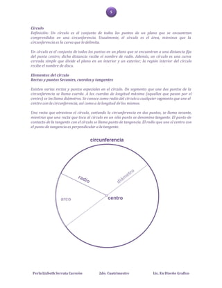 5



Círculo
Definición: Un círculo es el conjunto de todos los puntos de un plano que se encuentran
comprendidos en una circunferencia. Usualmente, el círculo es el área, mientras que la
circunferencia es la curva que lo delimita.

Un círculo es el conjunto de todos los puntos en un plano que se encuentran a una distancia fija
del punto centro; dicha distancia recibe el nombre de radio. Además, un círculo es una curva
cerrada simple que divide el plano en un interior y un exterior; la región interior del círculo
recibe el nombre de disco.

Elementos del círculo
Rectas y puntos Secantes, cuerdas y tangentes

Existen varias rectas y puntos especiales en el círculo. Un segmento que une dos puntos de la
circunferencia se llama cuerda. A las cuerdas de longitud máxima (aquellas que pasan por el
centro) se les llama diámetros. Se conoce como radio del círculo a cualquier segmento que une el
centro con la circunferencia, así como a la longitud de los mismos.

Una recta que atraviesa el círculo, cortando la circunferencia en dos puntos, se llama secante,
mientras que una recta que toca al círculo en un sólo punto se denomina tangente. El punto de
contacto de la tangente con el círculo se llama punto de tangencia. El radio que une el centro con
el punto de tangencia es perpendicular a la tangente.




 Perla Lizbeth Serrata Carreón           2do. Cuatrimestre                Lic. En Diseño Grafico
 