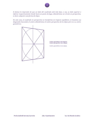7



Si damos la impresión de que un lado del cuadrado está más lejos, o sea, su lado superior e
inferior respectivamente tiende hacia un punto de fuga, obtendremos un círculo en perspectiva,
es decir, adquiere una forma de elipse.

En este caso, el cuadrado en perspectiva se transforma en trapecio equilátero, si trazamos sus
diagonales buscando el centro obtendremos el centro perspectivo de la elipse pero no su centro
geométrico.




 Perla Lizbeth Serrata Carreón         2do. Cuatrimestre               Lic. En Diseño Grafico
 