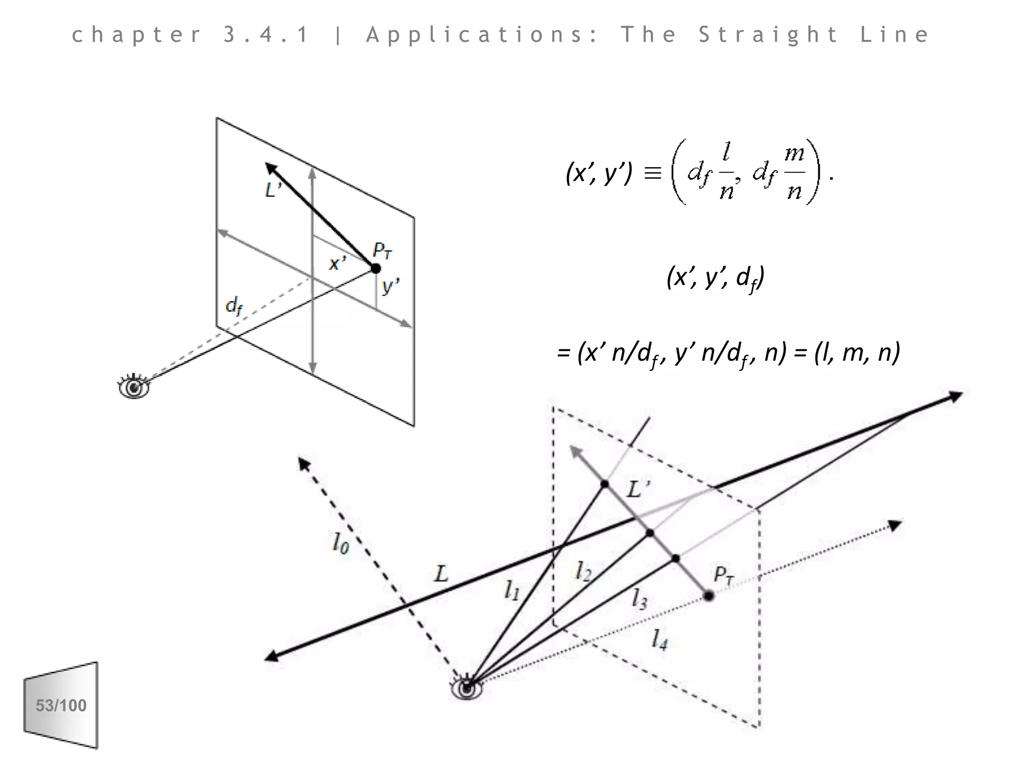 chapter 3.4.1 | Applications: The Straight Line(x’, y’) ≡ (x’, y’, df)= (x’ n/df, y’ n/df, n) = (l, m, n) 