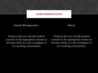 SAME PERSPECTIVES



       I n i t i a l Pe r s p e c t ive :                    Final



  I believe that you should conduct             I believe that you should conduct
yourself in the appropriate manner at         yourself in the appropriate manner at
all times while in at the workplace or        all times while in at the workplace or
      in a working environment.                     in a working environment.
 