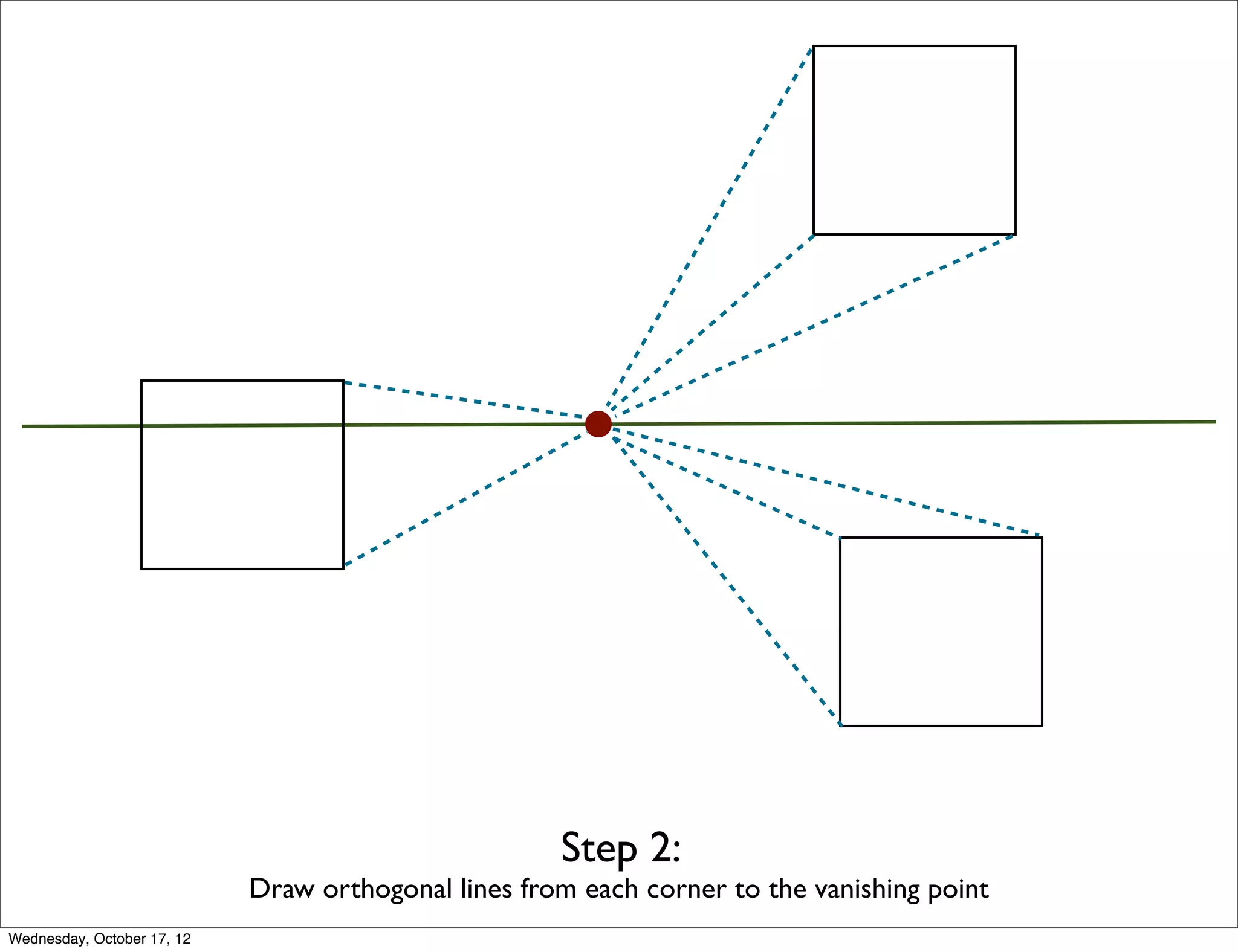 Step 2:
                            Draw orthogonal lines from each corner to the vanishing point
Wednesday, October 17, 12
 