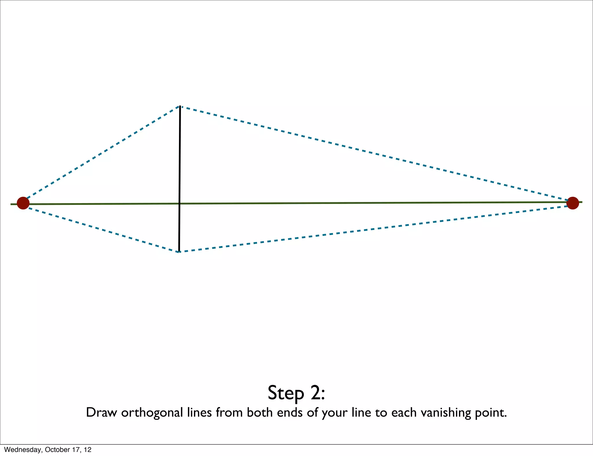 Step 2:
                       Draw orthogonal lines from both ends of your line to each vanishing point.

Wednesday, October 17, 12
 