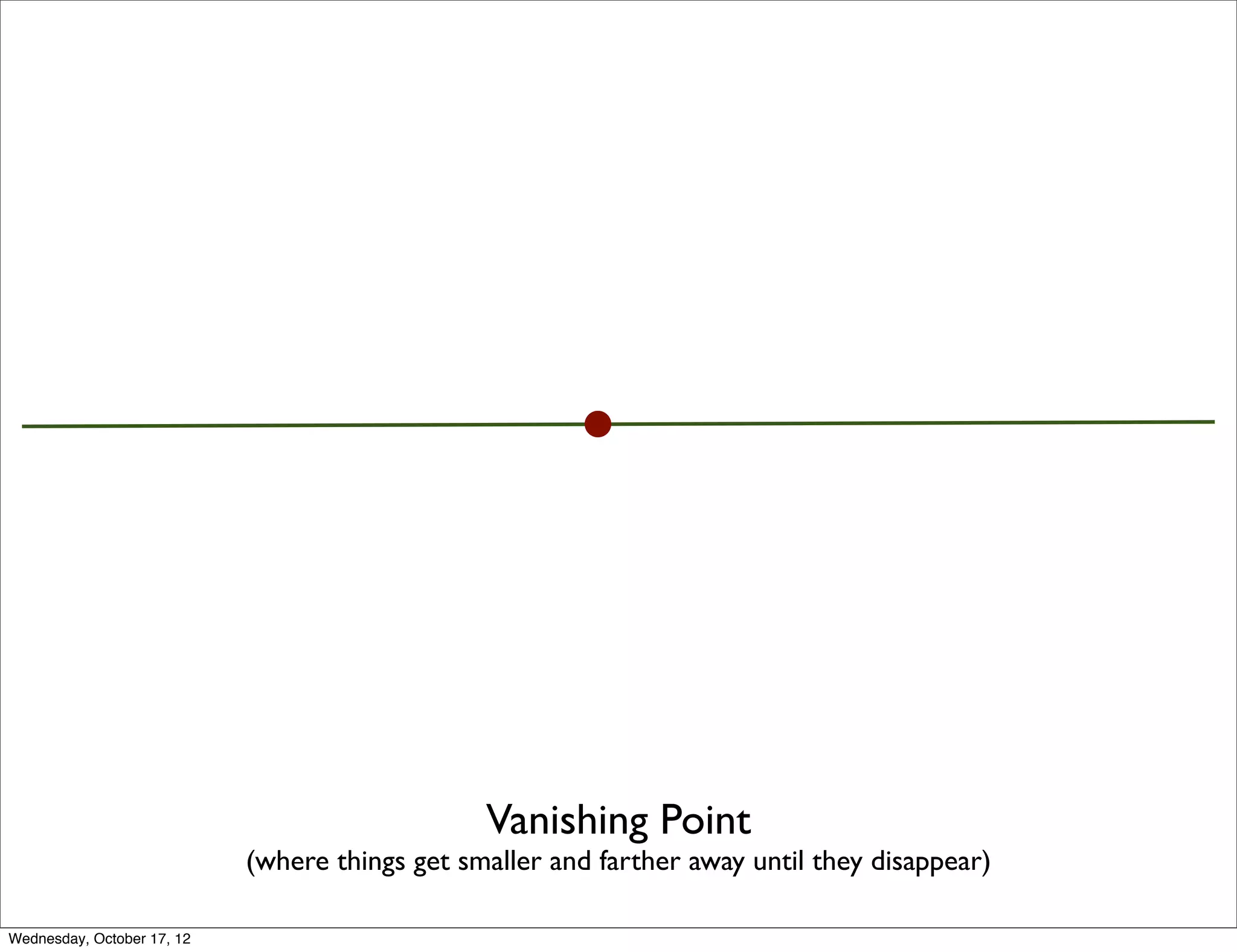 Vanishing Point
                            (where things get smaller and farther away until they disappear)

Wednesday, October 17, 12
 