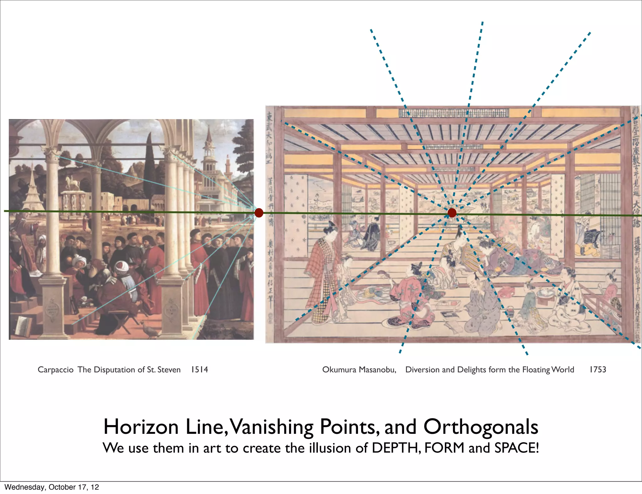 Carpaccio The Disputation of St. Steven   1514       Okumura Masanobu,   Diversion and Delights form the Floating World   1753




                            Horizon Line,Vanishing Points, and Orthogonals
                            We use them in art to create the illusion of DEPTH, FORM and SPACE!

Wednesday, October 17, 12
 