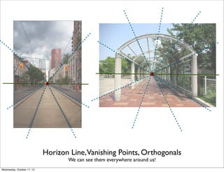 Horizon Line,Vanishing Points, Orthogonals
                                   We can see them everywhere around us!
Wednesday, October 17, 12
 