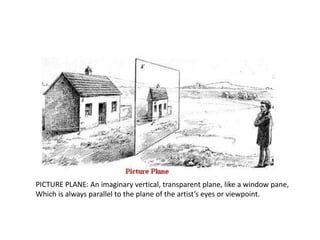 PICTURE PLANE: An imaginary vertical, transparent plane, like a window pane,
Which is always parallel to the plane of the artist’s eyes or viewpoint.
 
