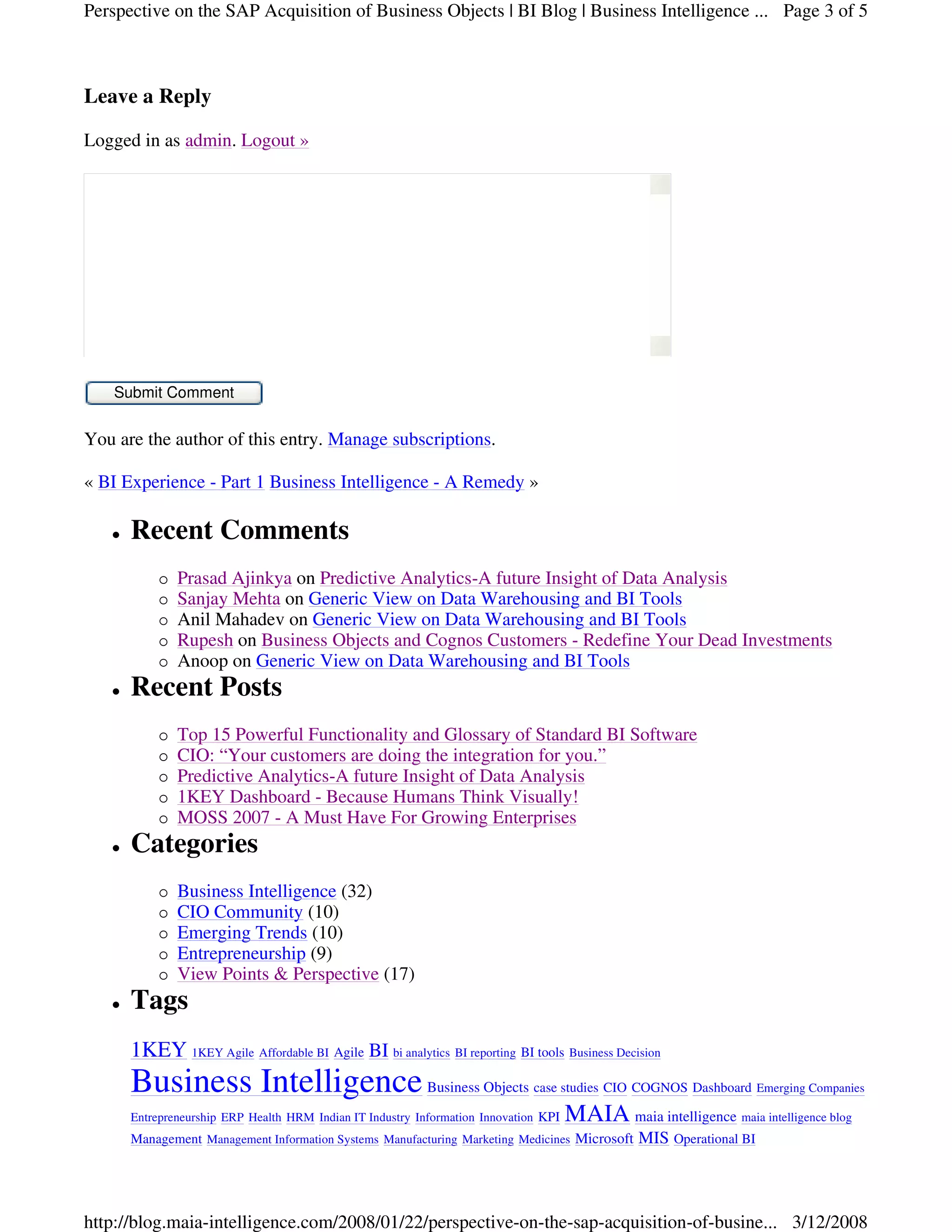 Perspective on SAP Acquisition Of Business Objects on MAIA Business Intelligence Blog