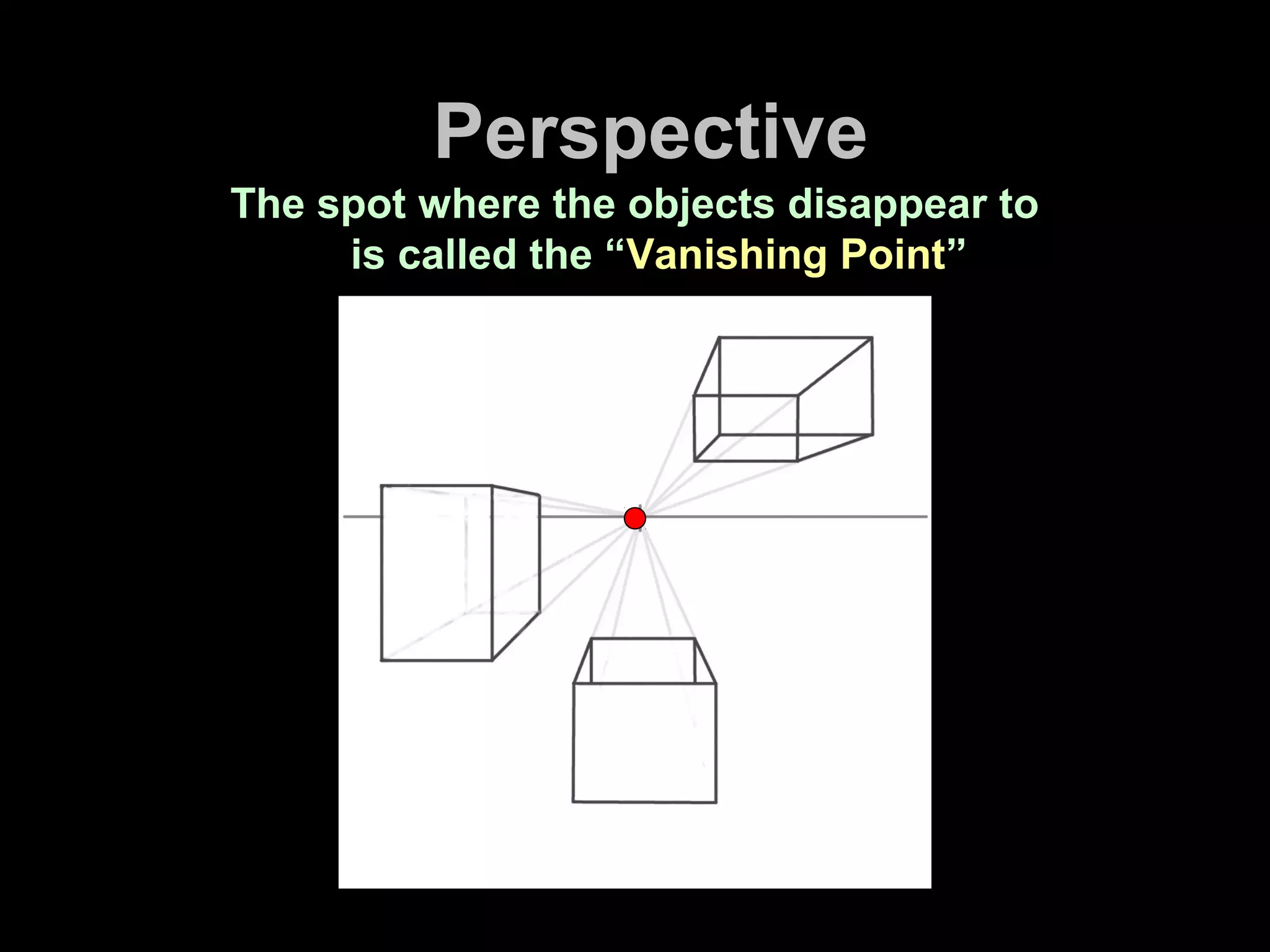Perspective
The spot where the objects disappear to
is called the “Vanishing Point”
 