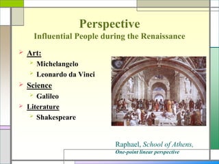 Perspective
Influential People during the Renaissance
 Art:
 Michelangelo
 Leonardo da Vinci
 Science
 Galileo
 Literature
 Shakespeare
Raphael, School of Athens,
One-point linear perspective
 
