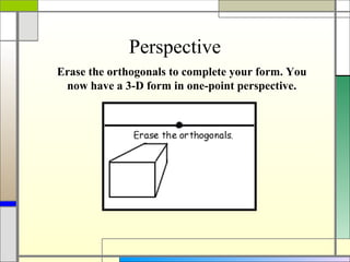 Perspective
Erase the orthogonals to complete your form. You
 now have a 3-D form in one-point perspective.
 