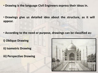 • Drawing is the language Civil Engineers express their ideas in.
• Drawings give us detailed idea about the structure, as it will
appear.
• According to the need or purpose, drawings can be classified as:
i) Oblique Drawing
ii) Isometric Drawing
iii) Perspective Drawing
BDD-II_Mod2_PrDr_AIKTC_RD
 