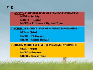 e.g.
1) SOCIETY AS HIGHEST LEVEL OF PLANNING ENVIRONMENT
MEGA – Society
MACRO – Region
MICRO – Province, City, and Town
2)WORLD AS HIGHEST LEVEL OF PLANNING ENVIRONMENT
MEGA – Global
MACRO – Philippines
MICRO – Region like NCR
3) REGION AS HIGHEST LEVEL OF PLANNING ENVIRONMENT
MEGA – Region
MACRO – Province
MICRO – District/Town
 