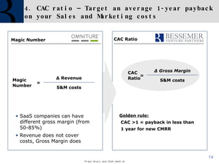 4. CAC ratio – Target an average 1-year payback on your Sales and Marketing costs CAC Ratio Magic Number Magic Number = Δ  Revenue S&M costs CAC Ratio = Δ  Gross Margin S&M costs Golden rule: CAC >1 = payback in less than  1 year for new CMRR SaaS companies can have different gross margin (from 50-85%) Revenue does not cover costs, Gross Margin does 