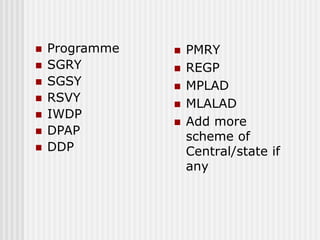    Programme      PMRY
   SGRY           REGP
   SGSY           MPLAD
   RSVY           MLALAD
   IWDP
                   Add more
   DPAP            scheme of
   DDP             Central/state if
                    any
 