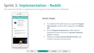 Sprint 3: Implementation - Reddit
We implement Reddit to supplement the background information from Wikipedia
Tasks Challenges LearningsImplementations
Reddit Widget
● To implement the reddit service we used the Angular
http module to perform GET requests to the Reddit
API
● We use Regular Expressions to filter relevant
keywords from the summary for dynamic keyword
search in Reddit
● Displays two most relevant Reddit threads, with
number of upvotes and comments
 