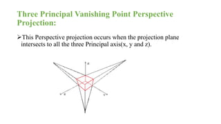 Three Principal Vanishing Point Perspective
Projection:
This Perspective projection occurs when the projection plane
intersects to all the three Principal axis(x, y and z).
 