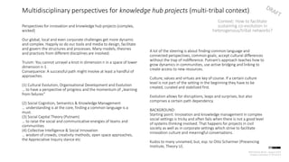 Multidisciplinary perspectives for knowledge hub projects (multi-tribal context)
Context: How to facilitate
sustaining co-evolution in
heterogenous/tribal networks?
Willi Schroll, Berlin – August 2019
Creative Commons CC BY SA 4.0
Perspectives for innovation and knowledge hub projects (complex,
wicked)
Our global, local and even corporate challenges get more dynamic
and complex. Happily so do our tools and media to design, facilitate
and govern the structures and processes. Many models, theories
and practices from different disciplines are involved.
Truism: You cannot unravel a knot in dimension n in a space of lower
dimension n-1.
Consequence: A successful path might involve at least a handful of
approaches.
(1) Cultural Evolution, Organisational Development and Evolution
… to have a perspective of progress and the momentum of „learning
from failures“
(2) Social Cognition, Semantics & Knowledge Management
… understanding is at the core, finding a common language is a
must.
(3) Social Capital Theory (Putnam)
… to raise the social and communicative energies of teams and
communities
(4) Collective Intelligence & Social Innovation
… wisdom of crowds, creativity methods, open space approaches,
the Appreciative Inquiry stance etc
A lot of the steering is about finding common language and
connected perspectives, common goals; accept cultural differences
without the trap of indifference. Putnam’s approach teaches how to
grow dynamics in communities, use active bridging and linking to
create access to new resources.
Culture, values and virtues are key of course. If a certain culture
level is not part of the setting in the beginning they have to be
created, curated and stabilized first.
Evolution allows for disruptions, leaps and surprises, but also
comprises a certain path dependency.
BACKGROUND:
Starting point: Innovation and knowledge management in complex
social settings is tricky and often fails when there is not a good level
of systems thinking involved. That happens for projects in civil
society as well as in corporate settings which strive to facilitate
innovation culture and meaningful conversations.
Kudos to many unnamed, but, esp. to Otto Scharmer (Presencing
Institute, Theory U).
 