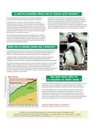 `     `      `
                                                                                          La sante des ecosystemes affecte-t-elle les ressources qu’ils fournissent ?
                                                                            Le deuxième domaine prioritaire consiste à maintenir l’intégrité des            La qualité des eaux intérieures s’est vue affectée par la pollution, une
                                                                            écosystèmes et leur capacité à subvenir aux besoins de l’homme.                 sédimentation plus importante, le changement climatique, l’extraction
                                                                                                                                                            d’eau douce pour l’agriculture, l’industrie et la consommation humaine,
                                                                            La pêche intensive a provoqué le déclin de nombreuses espèces,                  ainsi que des altérations physiques comme le détournement et la
                                                                            notamment la morue et le thon. Dans l’Atlantique nord, les populations          canalisation de cours d’eau. Depuis les années 80, la qualité des eaux de
                                                                            de grands poissons ont diminué de deux tiers au cours des 50 dernières          rivière s’est améliorée en Europe et en Amérique du Nord et du Sud, mais
                                                                            années. Les poissons les plus appréciés par l’homme deviennent de plus          elle s’est dégradée en Afrique, en Asie et dans la région du Pacifique.
                                                                            en plus rares, obligeant celui-ci à se tourner vers des poissons plus petits
                                                                            et des invertébrés et entraînant en fin de compte une réduction globale
                                                                            de l’offre pour la consommation humaine.




                                                                                                                                                                                                                                          © Deb Rinaldis
                                                                            Dans de nombreux écosystèmes terrestres et d’eau douce, les activités
                                                                            humaines ont provoqué la fragmentation des habitats. Dans ces habitats
                                                                            fragmentés, le nombre d’individus par espèce diminue, ce qui augmente
                                                                            le risque d’extinction locale. Les forêts et les systèmes fluviaux ont tous
                                                                            deux des taux de fragmentation élevés.



                                                                                                                                      `
                                                                              Quelles sont les principales menaces pour la biodiversite ?
                                                                            Le troisième domaine prioritaire a trait aux cinq menaces majeures pour la biodiversité : les
                                                                            espèces exotiques envahissantes, l’augmentation de la charge en éléments nutritifs et la
                                                                            pollution, le changement climatique, l’altération des habitats et la surexploitation.

                                                                            L’utilisation d’engrais à grande l’échelle contribue à la productivité croissante de l’agriculture.
                                                                            Cependant, l’azote et le phosphore présents dans ces engrais peuvent avoir de graves
                                                                            conséquences sur l’environnement. La production industrielle d’azote a fort augmenté depuis 1960.

                                                                            Les espèces exotiques envahissantes peuvent avoir des impacts dévastateurs sur les espèces
                                                                            indigènes, provoquant des extinctions et affectant aussi bien les écosystèmes naturels que
                                                                            cultivés. Certaines maladies exotiques et espèces envahissantes nuisibles peuvent
                                                                            occasionner des coûts colossaux. Depuis peu, le rythme d’introduction d’espèces exotiques et
                                                                            les risques apparentés ont fortement augmenté, surtout à cause de l’augmentation des
                                                                            voyages, du commerce et du tourisme.



                                                                                                                                                               Dans quelle mesure utilise-t-on
© World Wide Fund for Nature, UNEP World Conservation Monitoring Centre,
                   Global Footprint Network 2004 (traduit par GreenFacts)




                                                                                                                                                               `      `            `
                                                                                                                                                           les ecosystemes de maniere durable ?
                                                                                                                                                 L’utilisation durable de la biodiversité est le quatrième domaine prioritaire du cadre
                                                                                                                                                 d’actions pour 2010. Des indicateurs potentiels pourraient être la proportion
                                                                                                                                                 d’écosystèmes gérés durablement ou respectant certains critères de durabilité.

                                                                                                                                                 L’empreinte écologique est un concept calculant les surfaces de terre et d’eau
                                                                                                                                                 nécessaires pour faire vivre une population humaine donnée sur base de sa
                                                                                                                                                 consommation d’énergie, de nourriture, d’eau, de matériaux de construction et
                                                                                                                                                 d’autres biens de consommation. En 1961 l’humanité consommait à peu près la
                                                                                                                                                 moitié de la capacité de la Terre à renouveler ses ressources naturelles. Aujourd’hui
                                                                                                                                                 cette capacité a été dépassée, et la surconsommation continue d’augmenter.




                                                                                                                                                 Empreinte écologique mondiale: nous dépassons la
                                                                                                                                                 capacité de la planète à renouveler ses ressources



                                                                                                  Ce texte est un résumé fidèle du rapport de la Convention sur la diversité biologique (CDB) :
                                                                                        « Perspectives mondiales en matière de diversité biologique », deuxième édition. Une version web de ce résumé,
                                                                                       ainsi qu’un résumé plus long et plus détaillé sont disponibles sur www.greenfacts.org/fr/perspectives-mondiales-
 